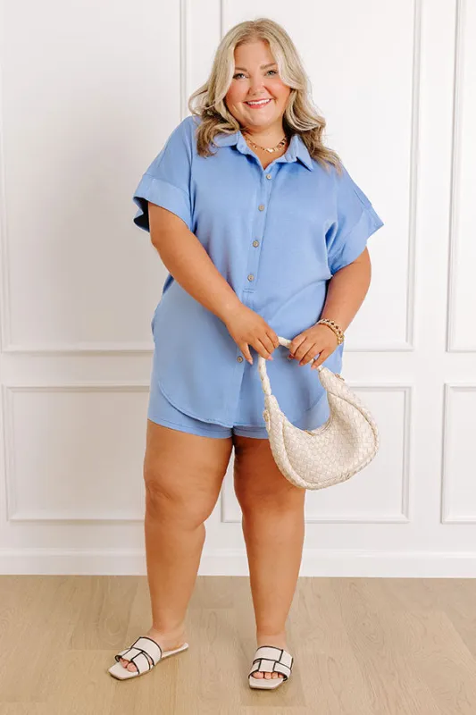 Carefree Charm Button Down Romper In Periwinkle Curves sold by Impressions