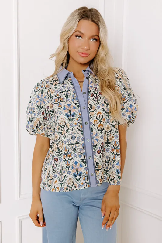 Terrace Views Floral Button Up in Periwinkle sold by Impressions