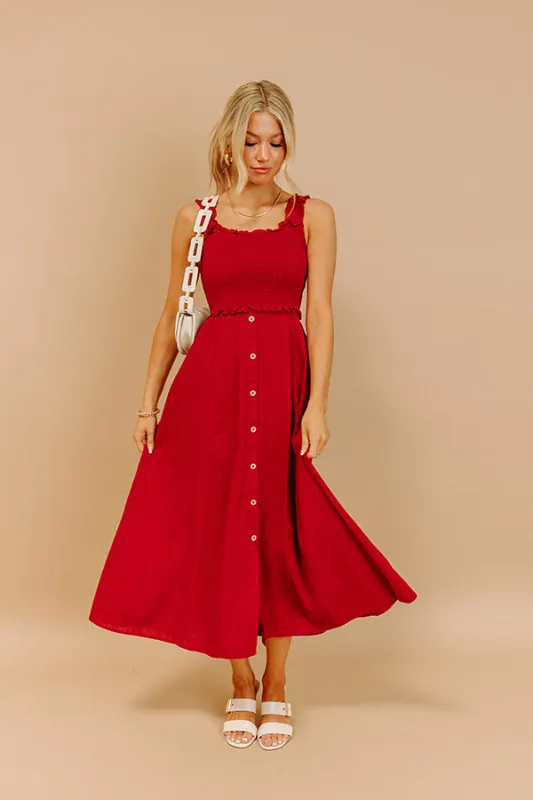 Harvest Lane Linen-Blend Midi Dress in Crimson sold by Impressions