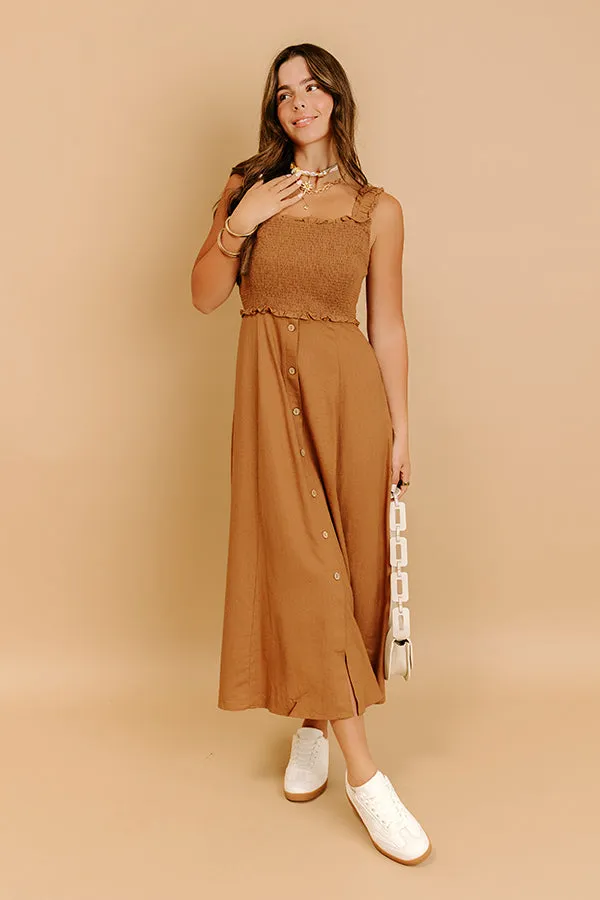 Harvest Lane Linen-Blend Midi Dress in Chocolate sold by Impressions
