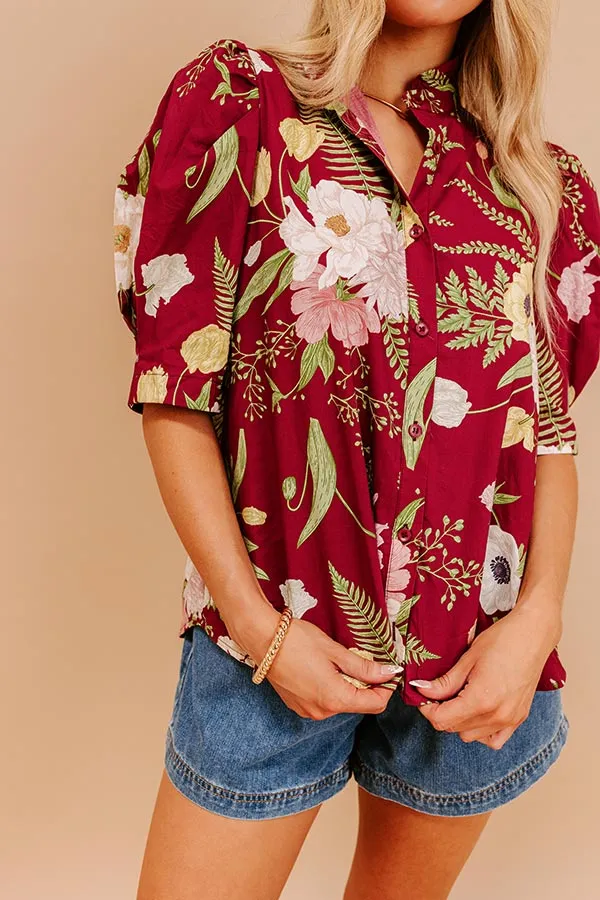 Dreaming Of Dahlias Button Up Top in Wine sold by Impressions product image thumbnail 3