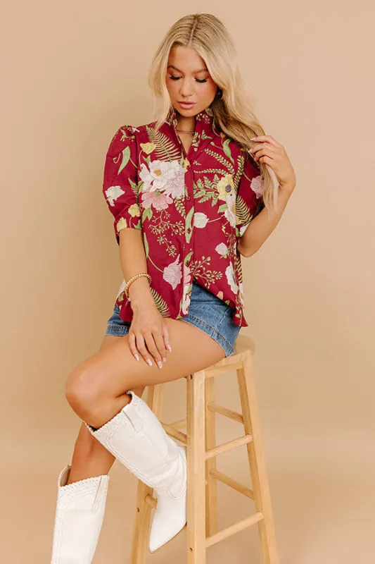 Dreaming Of Dahlias Button Up Top in Wine sold by Impressions