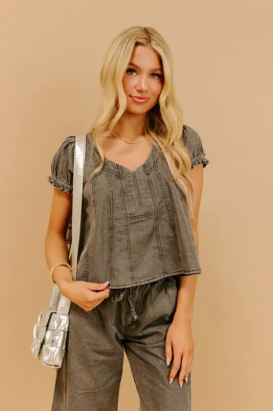 Metropolitan Muse Chambray Top in Charcoal sold by Impressions