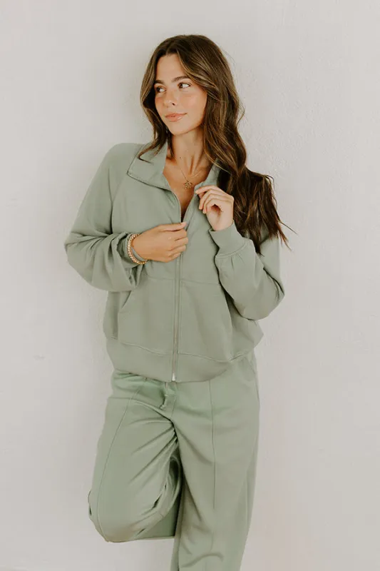Morning Dew Scuba Zip-Up Sweater in Sage sold by Impressions