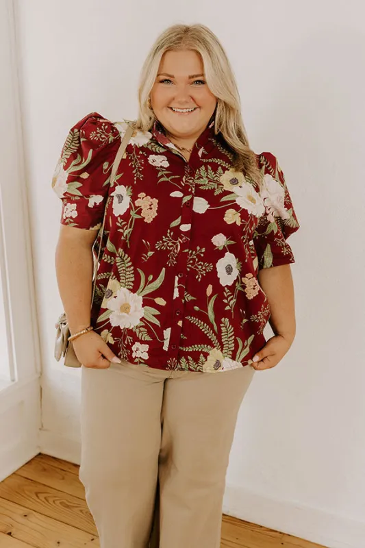 Dreaming Of Dahlias Button Up Top in Wine Curves sold by Impressions