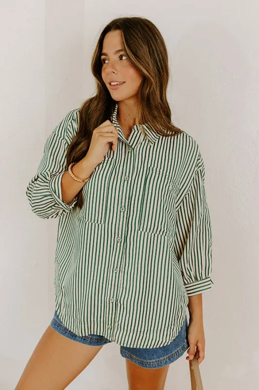 Stripe A Pose Oversized Button Up Top in Hunter Green sold by Impressions