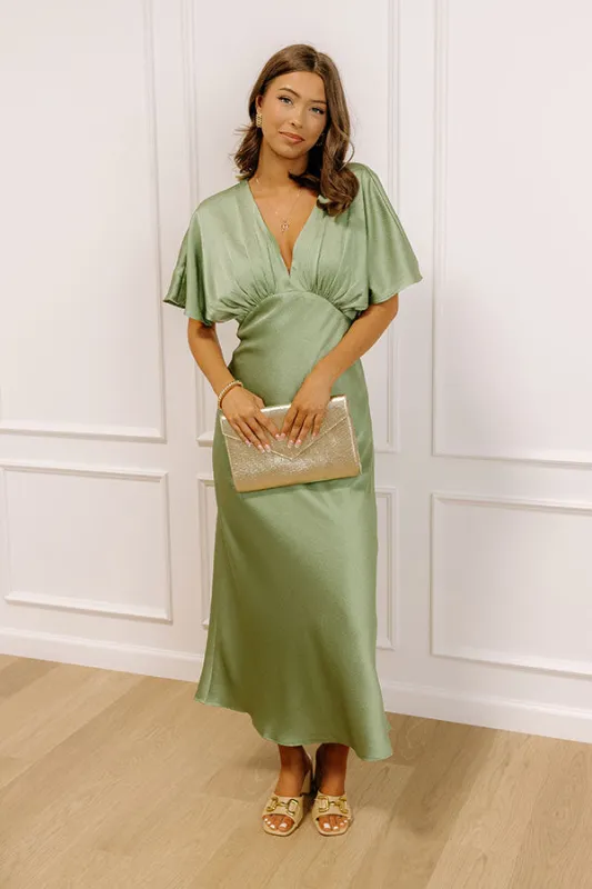 Martini Muse Satin Midi Dress in Pear sold by Impressions