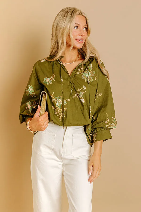Pretty As A Peony Floral Top in Martini Olive sold by Impressions