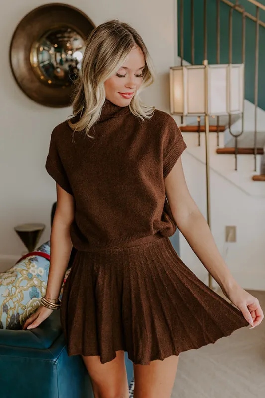 The Vineyard Affair High Waist Knit Mini Skirt in Chocolate sold by Impressions
