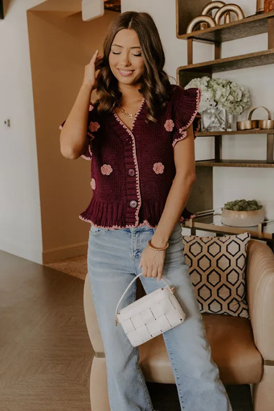 Flowers And Frills Knit Top in Wine sold by Impressions