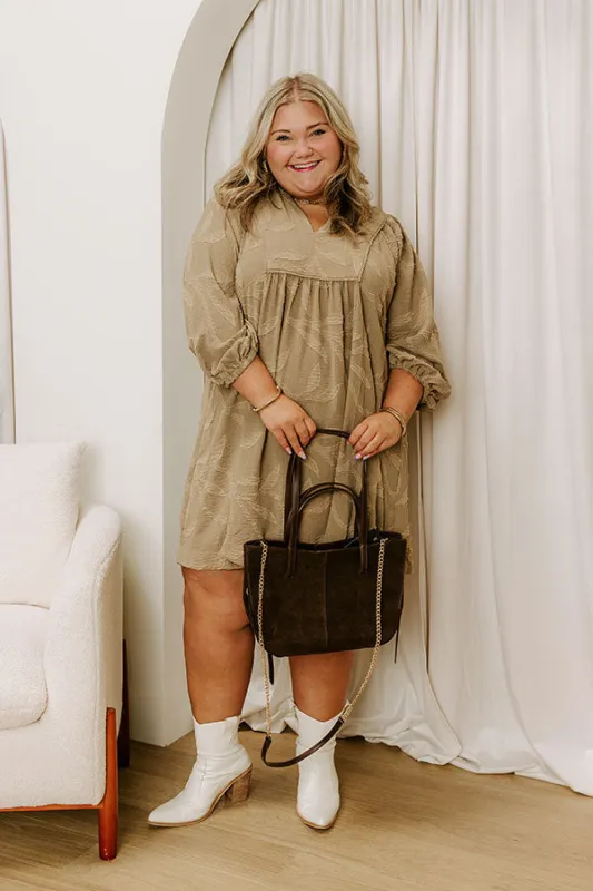 Kind Smile Jacquard Mini Dress in Taupe Curves sold by Impressions