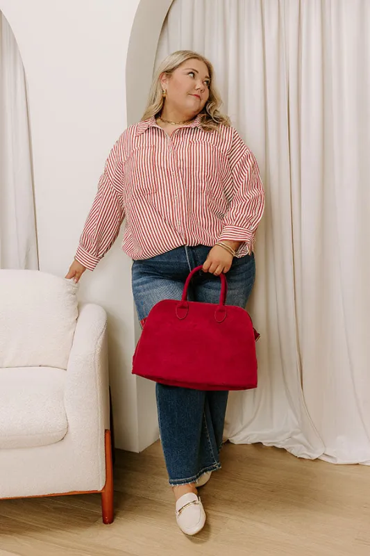 Stripe A Pose Oversized Button Up Top in Rust Curves sold by Impressions