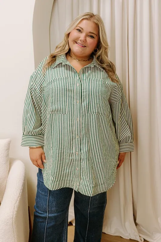 Stripe A Pose Oversized Button Up Top in Hunter Green Curves sold by Impressions