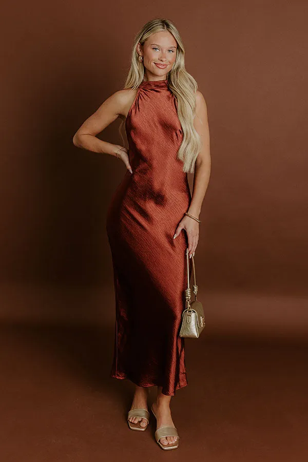 Glitz And Glam Satin Midi Dress in Rust sold by Impressions