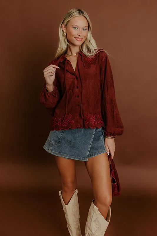 Rosehill Estate Faux Suede Button Up Top in Merlot sold by Impressions