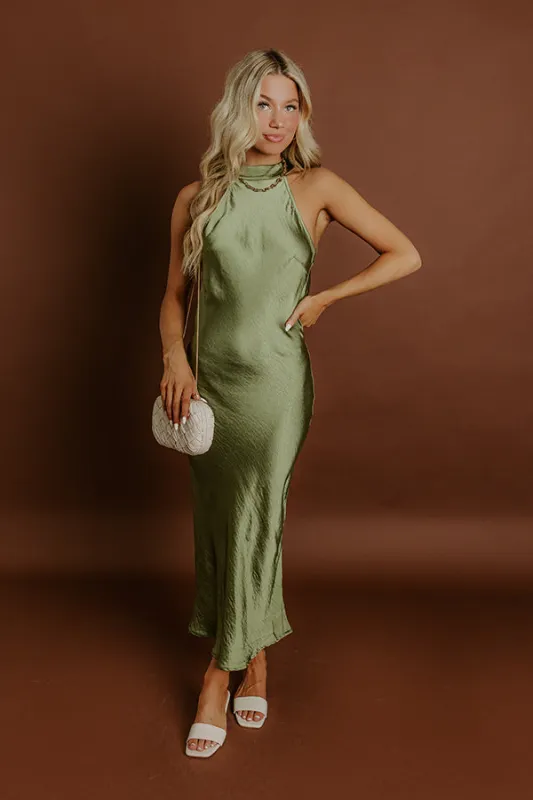 Glitz And Glam Satin Midi Dress in Olive sold by Impressions