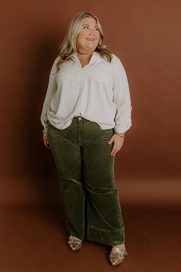 RISEN Kinsley High Waist Corduroy Wide Leg Pants in Olive Curves sold by Impressions