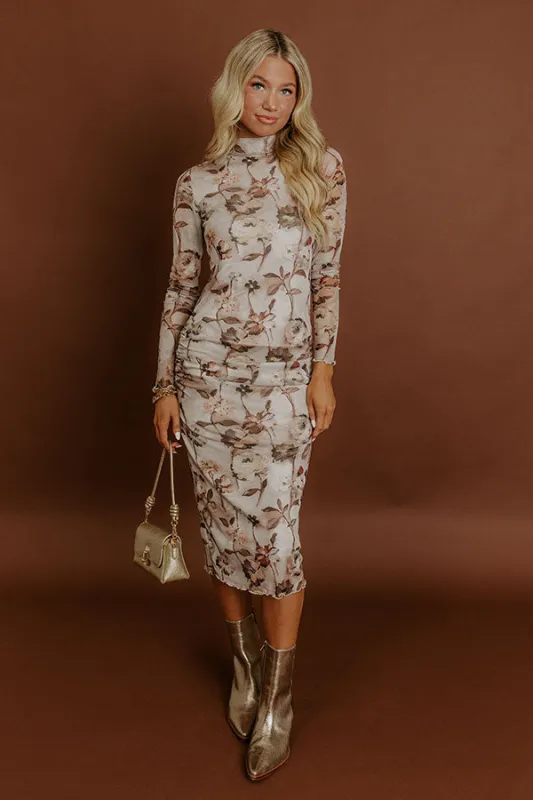 Amber Skyline Floral Mesh Midi Dress in Taupe sold by Impressions