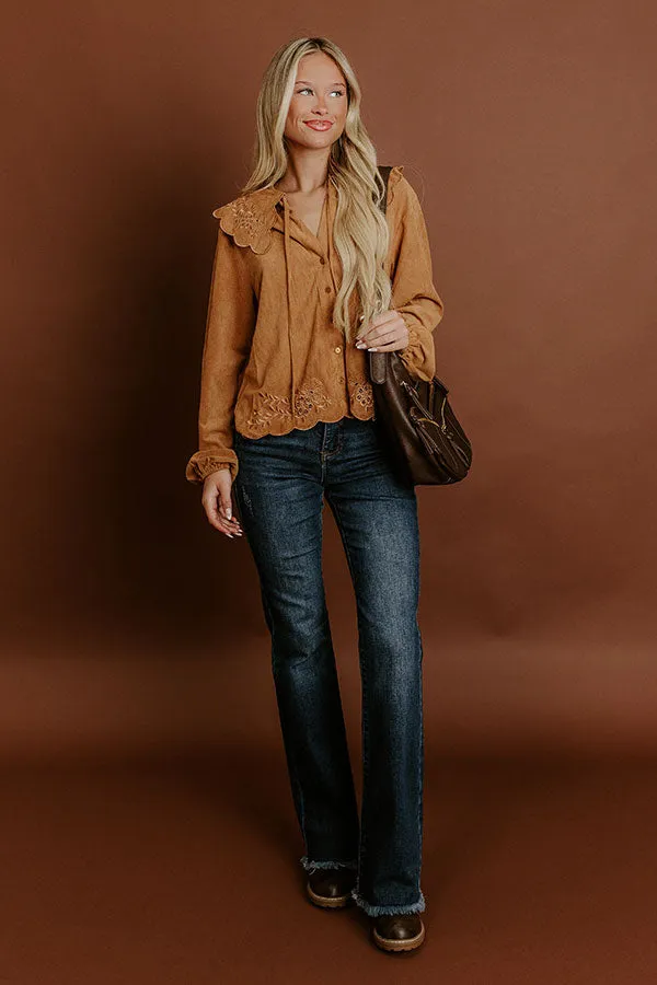 Rosehill Estate Faux Suede Button Up Top in Camel sold by Impressions product image thumbnail 5
