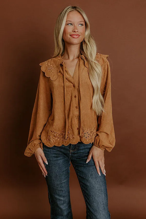 Rosehill Estate Faux Suede Button Up Top in Camel sold by Impressions product image thumbnail 2