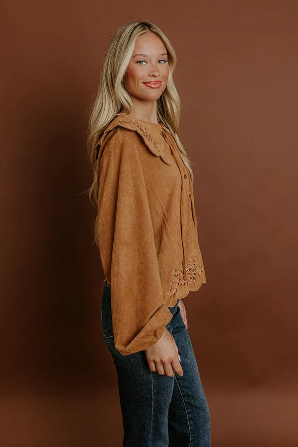 Rosehill Estate Faux Suede Button Up Top in Camel sold by Impressions product image thumbnail 3