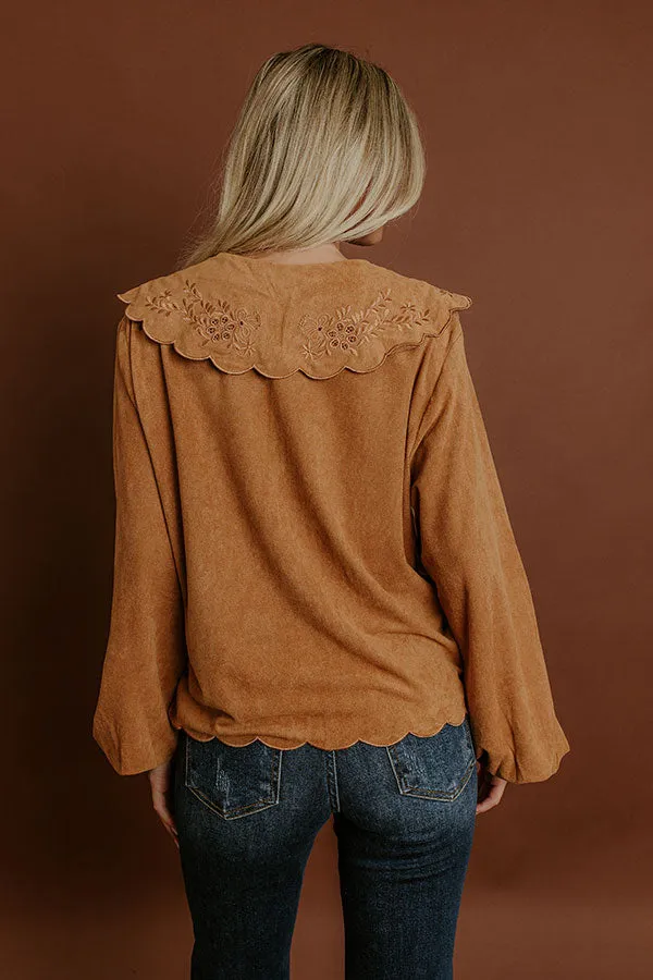 Rosehill Estate Faux Suede Button Up Top in Camel sold by Impressions product image thumbnail 4