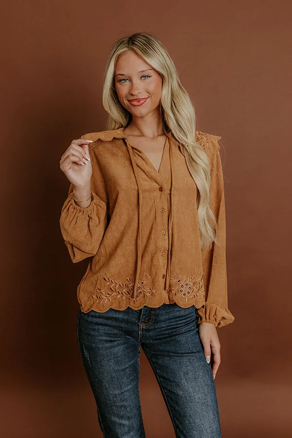 Rosehill Estate Faux Suede Button Up Top in Camel sold by Impressions