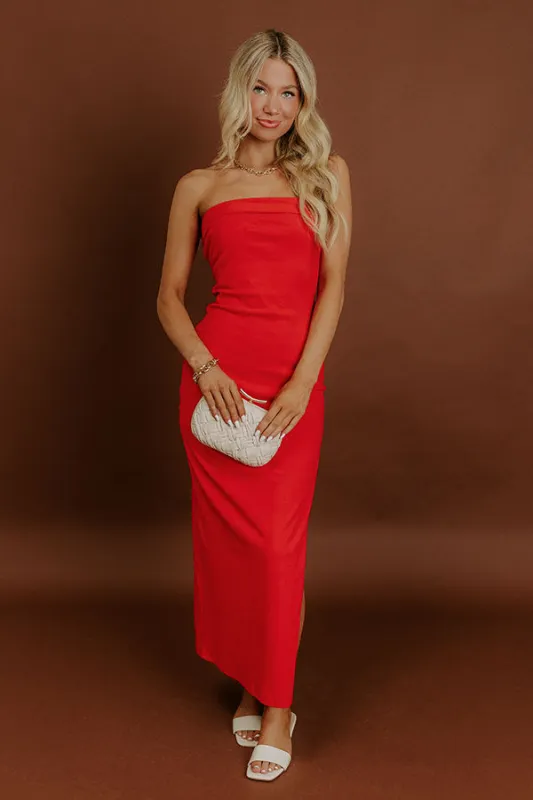 Rooftop Soiree Velvet Midi Dress in Red sold by Impressions