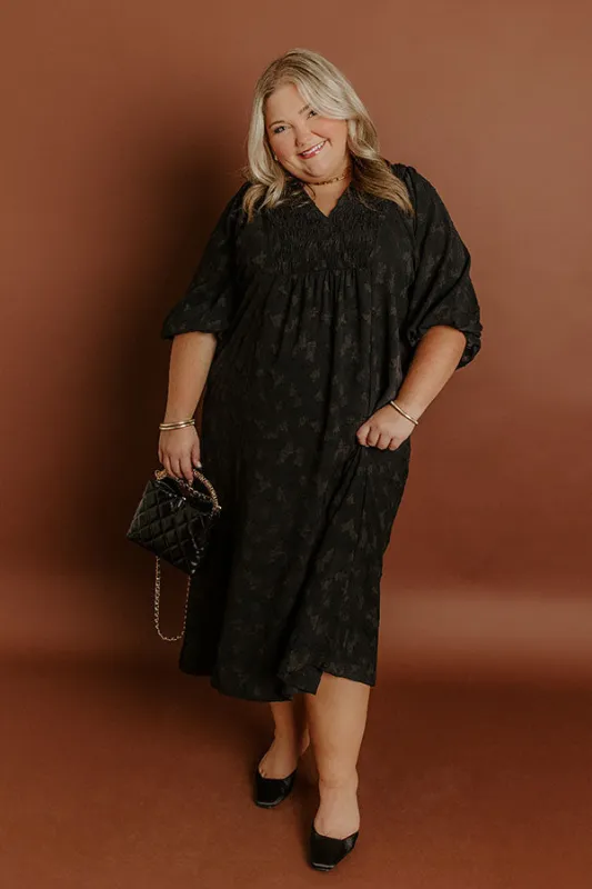 Apple Cider Sippin Jacquard Midi Dress in Black Curves sold by Impressions