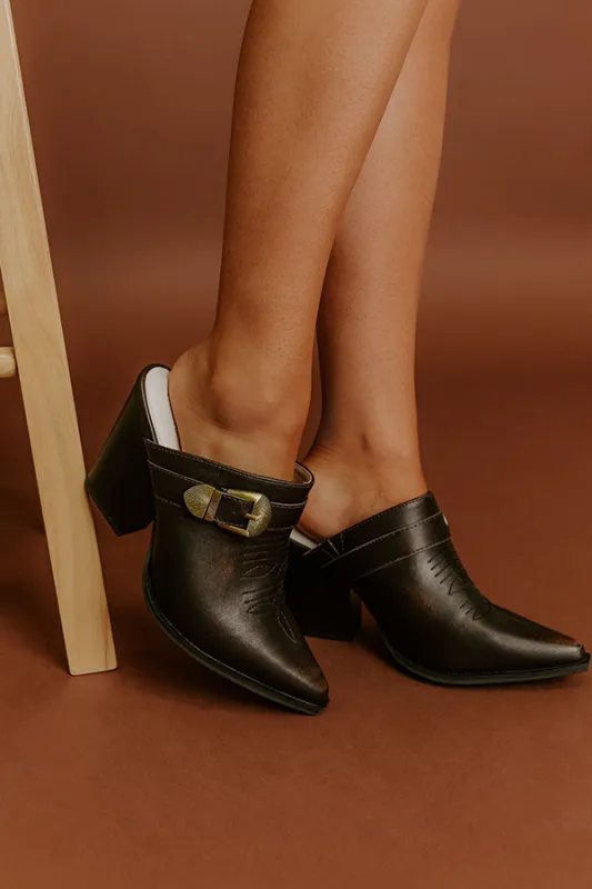 The Dixie Faux Leather Heeled Mule in Espresso sold by Impressions