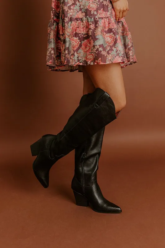 The Barcelona Faux Leather Knee High Boot in Black sold by Impressions