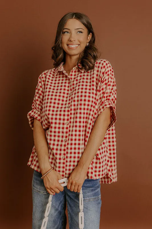 Picnic At The Park Oversized Gingham Button Up in Red/Yellow sold by Impressions