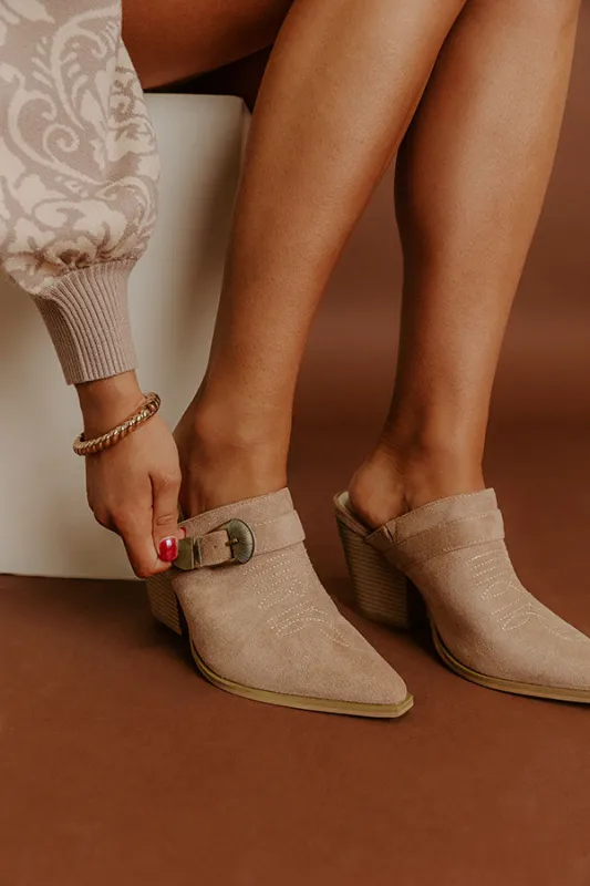 The Dixie Faux Suede Heeled Mule in Iced Latte sold by Impressions