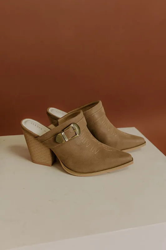 The Dixie Faux Suede Heeled Mule in Taupe sold by Impressions