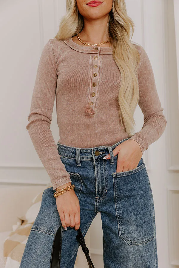 Cool Mornings Vintage Wash Henley Top in Chocolate sold by Impressions product image thumbnail 2