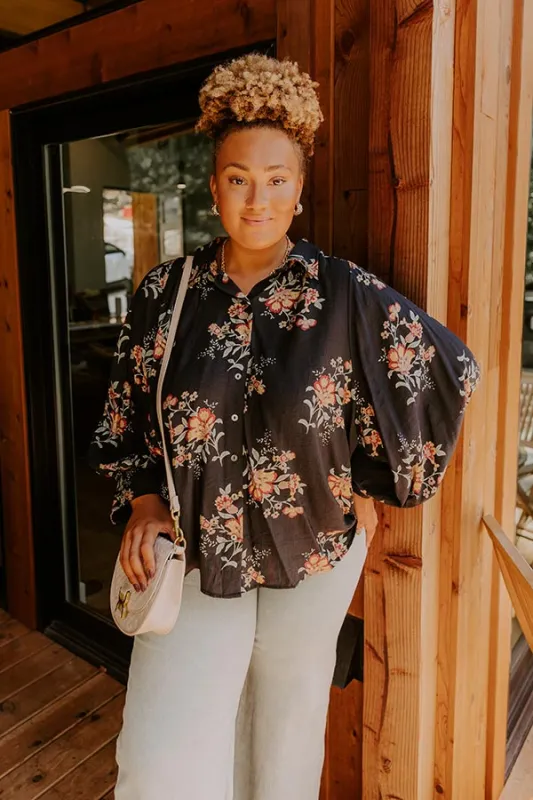 Harvest Bloom Floral Button Up Top in Black Curves sold by Impressions