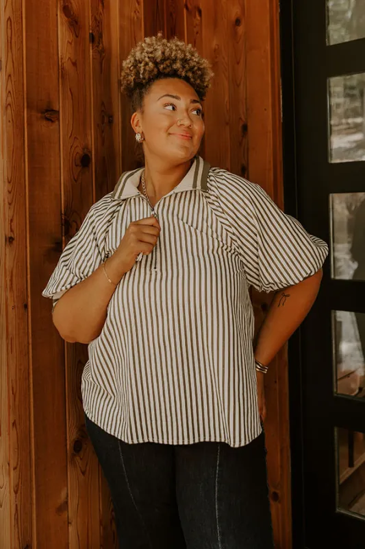 Smiles And Stripes Quarter Zip Top in Sage Curves sold by Impressions