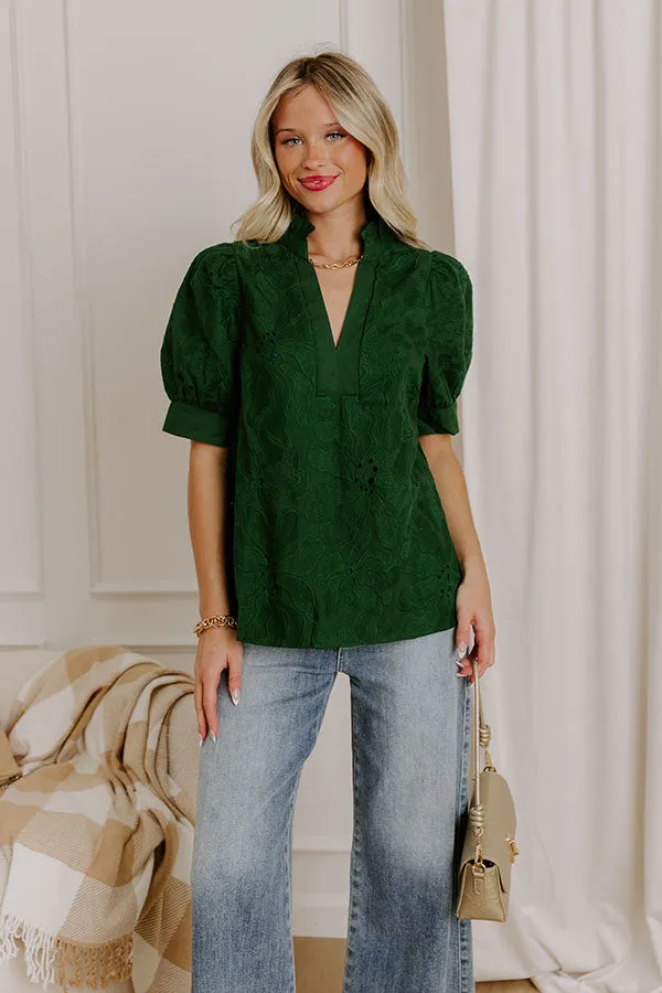 Petals And Pinot Floral Embroidered Top in Hunter Green sold by Impressions