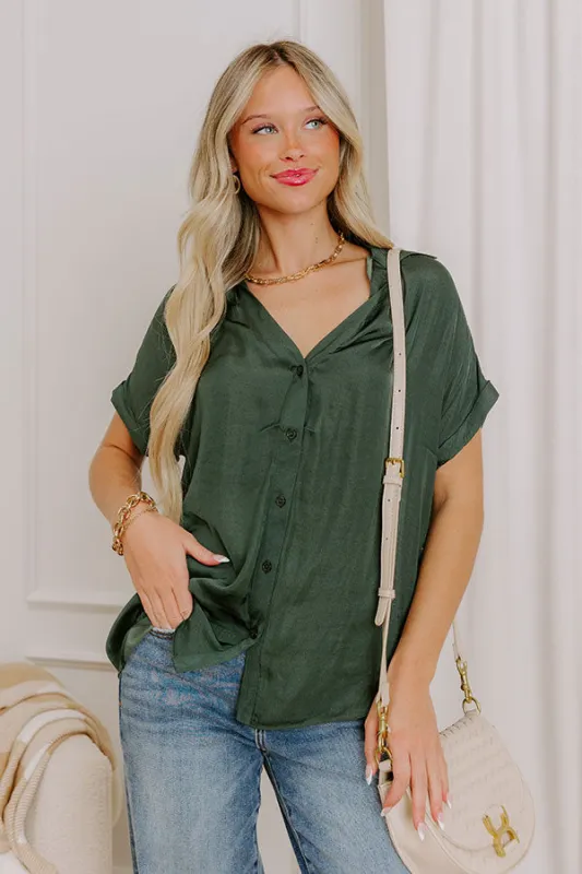 Mimosa Please Satin Button Up Top in Deep Forest sold by Impressions