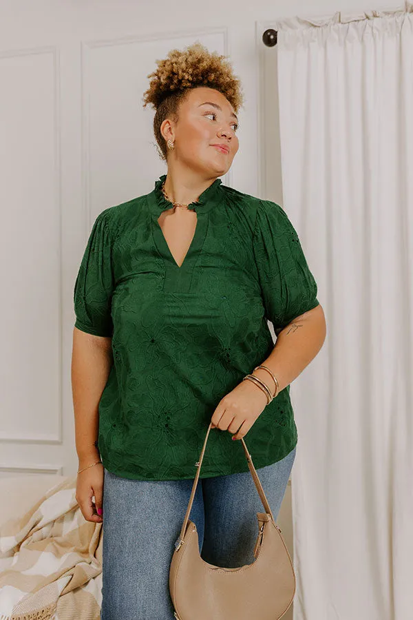 Petals And Pinot Floral Embroidered Top in Hunter Green Curves sold by Impressions