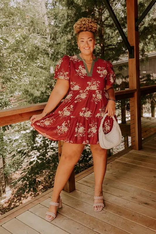 The Sunday Stroll Floral Mini Dress in Brick Red Curves sold by Impressions