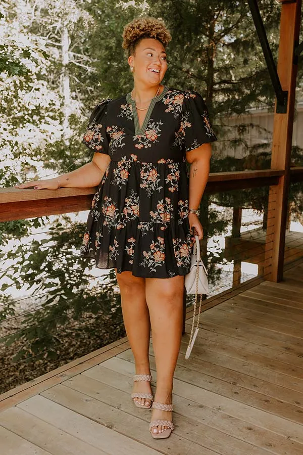 The Sunday Stroll Floral Mini Dress in Black Curves sold by Impressions