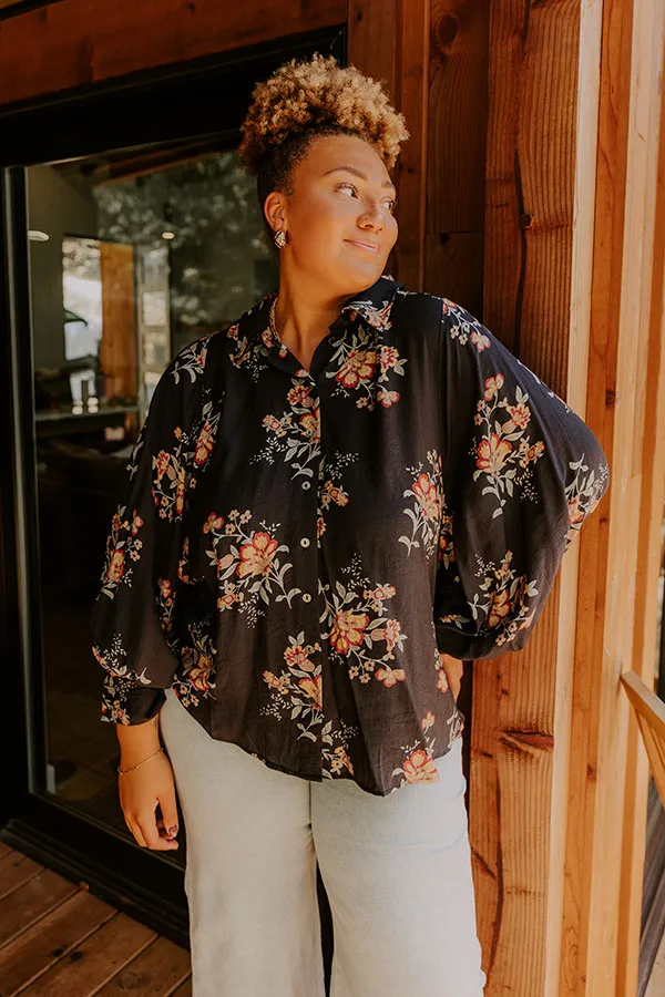 Harvest Bloom Floral Button Up Top in Black Curves sold by Impressions product image thumbnail 4