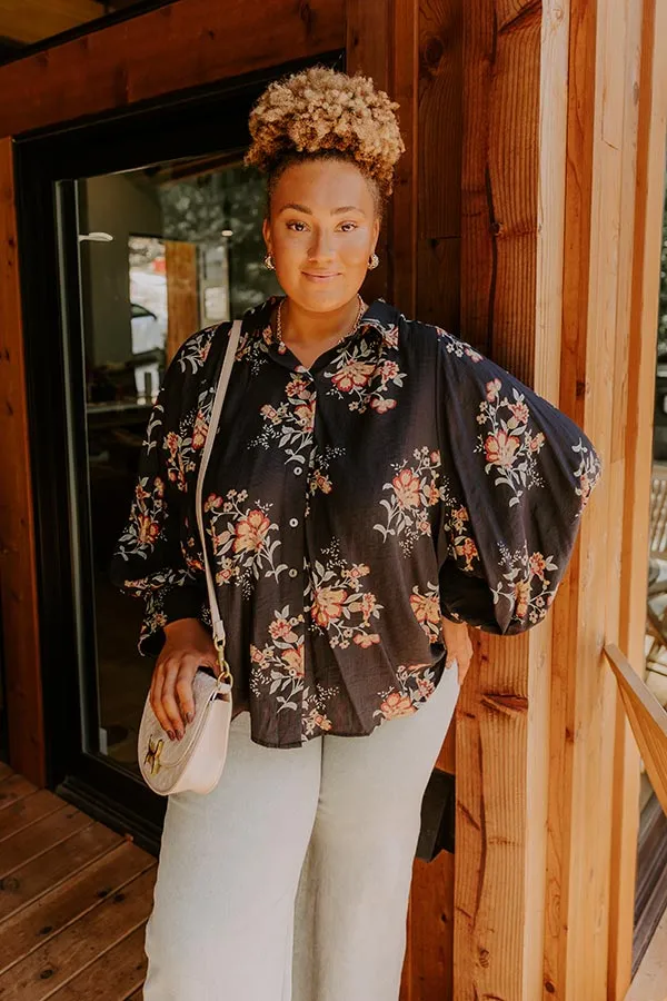 Harvest Bloom Floral Button Up Top in Black Curves sold by Impressions