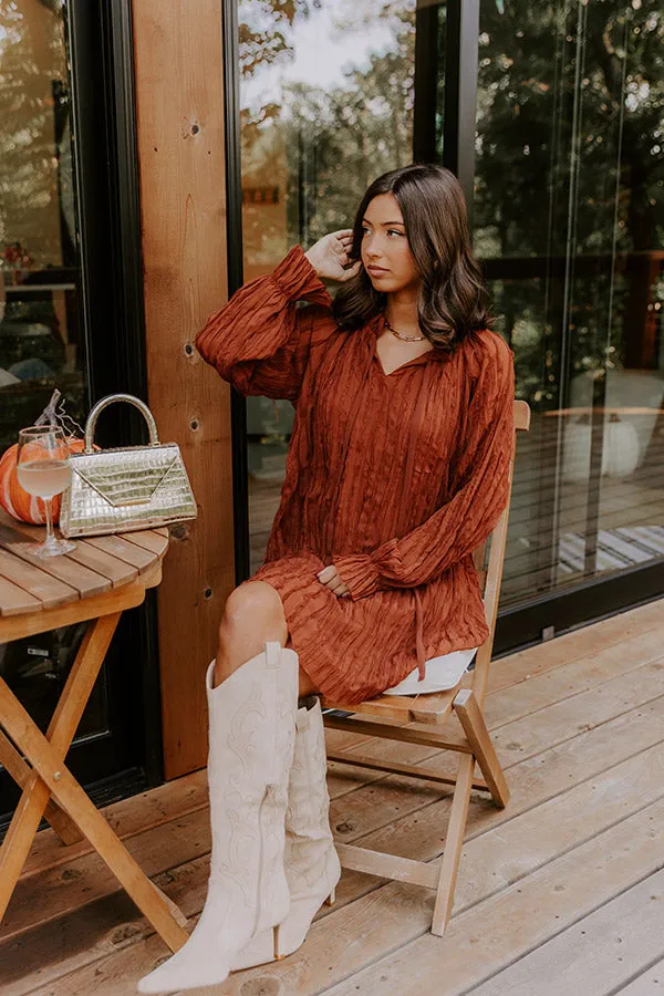 Boho Sunrise Chiffon Ruffle Mini Dress in Rust sold by Impressions