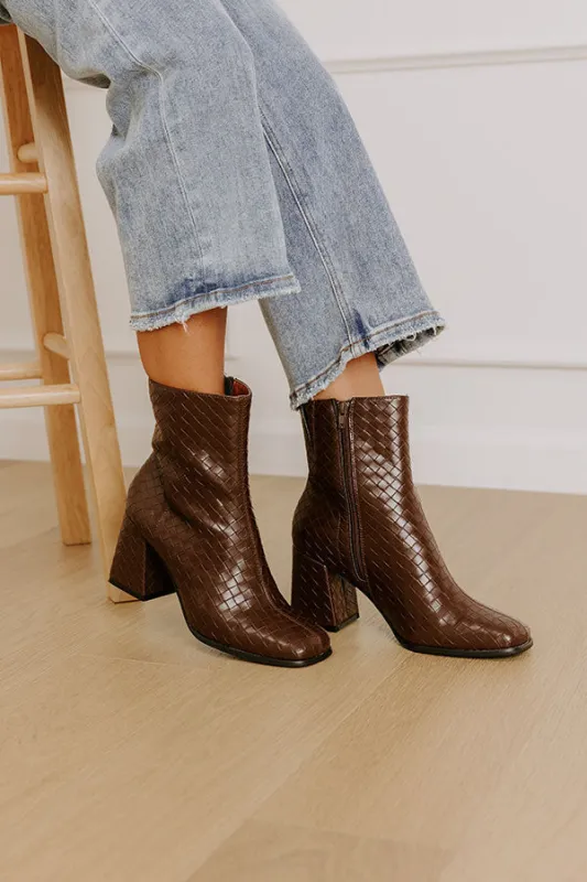 The Demi Faux Leather Woven Boot in Chestnut sold by Impressions