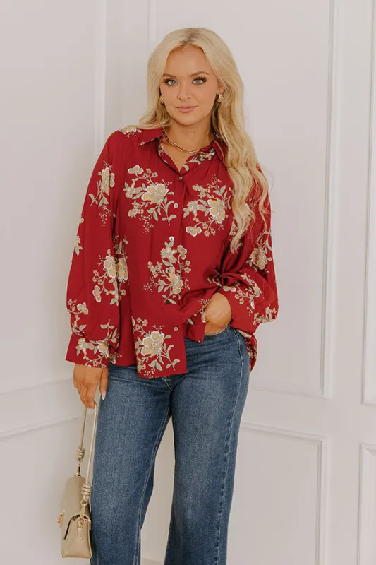 Harvest Bloom Floral Button Up Top in Brick Red sold by Impressions