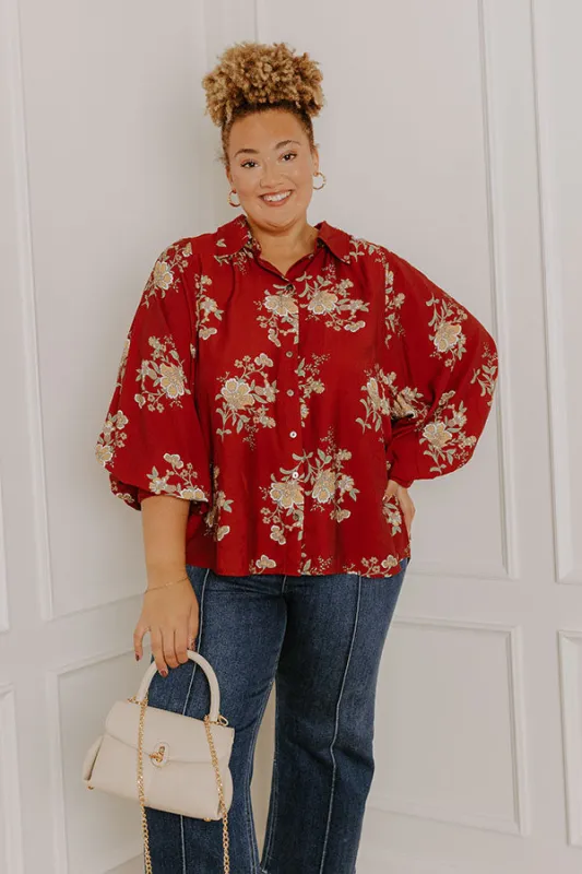 Harvest Bloom Floral Button Up Top in Brick Red Curves sold by Impressions