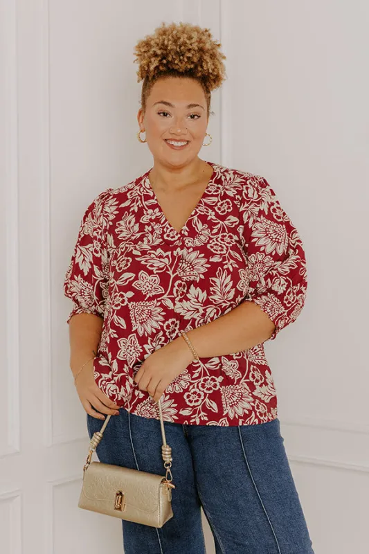 Mystic Garden Floral Top In Sangria Curves sold by Impressions
