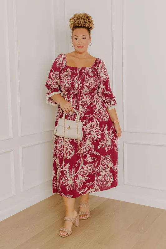 Sunflower Fields Smocked Midi Dress in Sangria Curves sold by Impressions